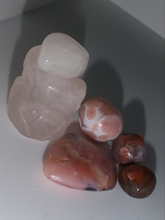 Other - Rose Quartz Carving & Tumbled Stones - Pink, Rose, White & Brown